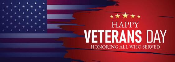 Patriotic Veterans Day banner with American flag theme, bold red background, and clean design for honoring veterans vector