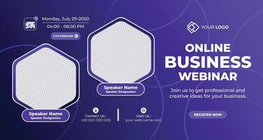 Modern online business webinar flyer with purple theme, hexagonal placeholders, and clean layout for event promotion vector
