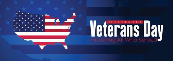 Stylish Veterans Day banner featuring the USA map design with flag colors, celebrating military veterans and national pride vector