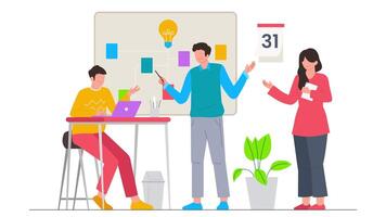Business meeting in boardroom character animation. Corporate brainstorming motion graphic. Diverse colleagues working on laptops animated 2D characters isolated on a white background video
