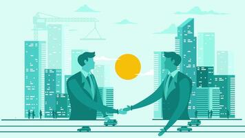 E-Business concept 3D parallax animation. Two businessmen handshake real state business, Developing e-business project city animation. video