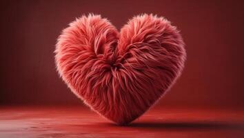 a red heart shaped fluffy pillow on a red background photo