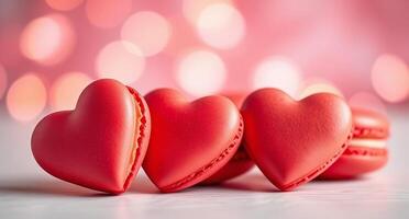 three red macarons on a table with a red heart photo