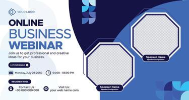 Minimalist online business webinar template with blue and white theme, hexagonal placeholders, and clean corporate design vector