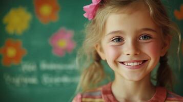 Smiling girl indoors, colorful flowers in background. Childhood creativity and happiness photo