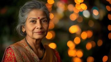 Senior Indian woman with gray hair looking confidently at camera under festive lights. Elegant pose photo