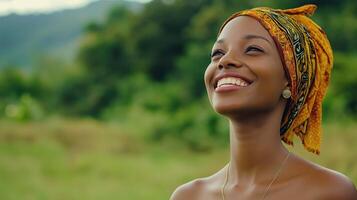 Smiling Black woman in headscarf standing in green field. International Day of Happiness. Copy space photo
