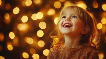 Happy blonde girl with glowing bokeh background. International Day of Happiness. Copy space photo