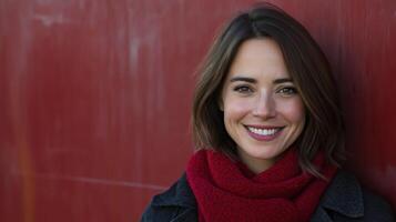 Woman in red sweater smiling in front of vibrant wall, embracing International Day of Happiness. Copy space photo