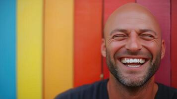 Bald adult gay man laughing joyfully near rainbow wall outdoors. Vibrant and cheerful mood photo
