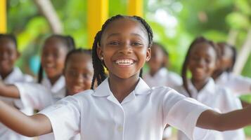 Black girl outdoors smiling with friends in background, expressing happiness. Community and joy photo