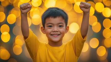 Young boy celebrating with arms raised, smiling brightly, glowing lights behind. Success and joy photo