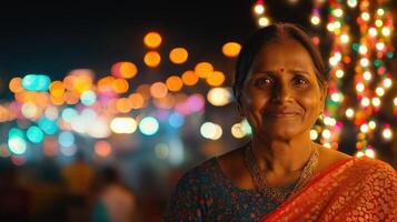 Older Indian woman in sari smiling joyfully under colorful lights at night. Festive and lively mood photo