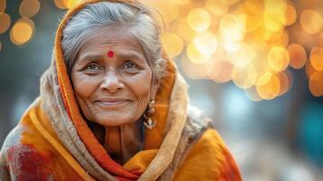 Elderly Indian woman in sari smiling gently outdoors in daylight. Calm and kind expression photo