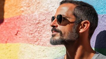 Confident gay man wearing sunglasses stands outdoors in vibrant setting photo