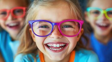 Caucasian girl laughing joyfully, wearing colorful glasses indoors. Childhood happiness photo