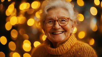 Senior woman in warm sweater laughing under holiday lights during International Day of Happiness photo