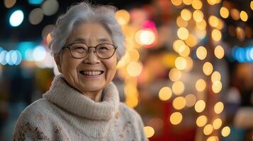 Elderly Asian woman in glasses smiling in festive lights during International Day of Happiness celebration photo