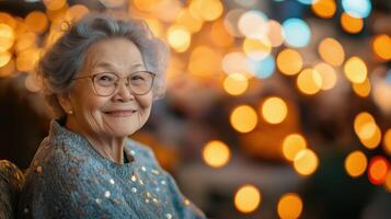 Elderly woman smiling warmly with festive bokeh lights, embracing positivity for International Day of Happiness. Copy space photo