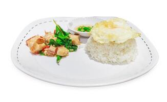 Top view of Stir Fried Spicy Crispy Pork with Basil On Rice and Fried Egg, focus selective photo