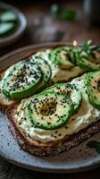Plate of bread with avocado slices and sesame seeds photo