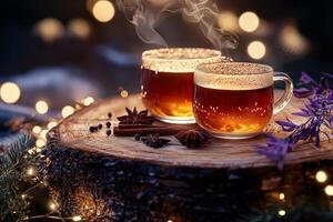 Two cups of tea with cinnamon sticks in them. photo
