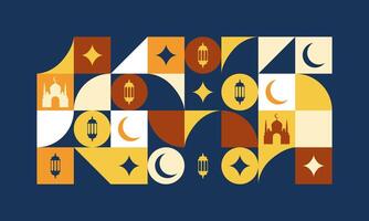 Concept of greeting card template theme of Islamic event in Bauhaus style for wallpaper design. Poster, media banner. vector