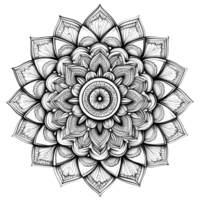 Intricate black and white mandala featuring symmetrical floral patterns, showcasing detailed designs and captivating circular form. Perfect for art enthusiasts and meditation spaces png