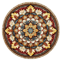 Bold multi colored mandala featuring intricate overlapping layers and floral designs, creating mesmerizing visual effect. Perfect for art enthusiasts and decor lovers png