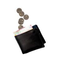 black wallet with money and coins scattered photo