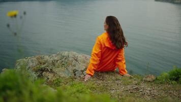 Attractive Brunette Woman Sitting Alone On Edge Of Rock Above Ocean Gulf, Rearview, Slow-motion video