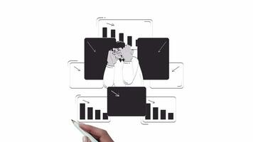 Overwhelmed businessman with declining charts hand drawn whiteboard sketch animation. Business downturn 4K . Graphs analysis financial losses animated handdrawn concept pencil drawing video