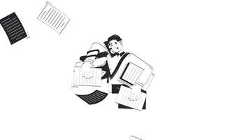 Professional juggling multiple tasks hand drawn whiteboard sketch animation. Overwhelmed businessman with paperwork 4K . Flying papers, office overload animated handdrawn concept pencil drawing video