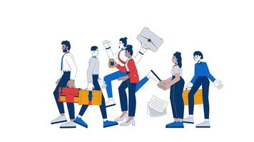 Workplace with busy employees diverse 2D animation. Bustle 4K motion graphic. Office workers walking, holding briefcases, multitasking animated characters cartoon flat concept, white background video