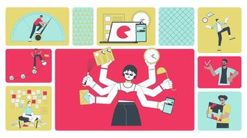 Productivity people animated bento grid layout. Office workflow. Task management. Busy multitasking employees 2D animation flat cartoon ui collage design. 4K motion graphic collection video