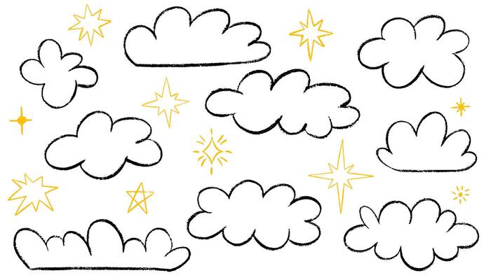 Crayon drawn clouds and yellow cute stars in kid's style. Pencil or charcoal drawings childish icons isolated on white. Hand drawn various cloud and stars shapes. Doodle symbols