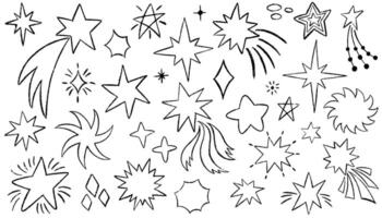 Crayon drawn stars, meteorite and comets. Doodle magic blinking stars, charcoal cosmic. Set of doodle sparks and sparkles. Pencil or charcoal drawing. Crayon drawings of night sky symbols vector