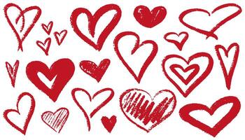 Charcoal hearts set. Pencil or charcoal drawings different love hearts. Chalk drawn sketch for Valentines Day and romantic. kit of textural crayon drawings of simple shapes. vector