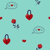 Valentine's Day Seamless pattern with red rose and Heart Shaped Lock. Cute background for textiles and packaging. On green background. illustration. vector