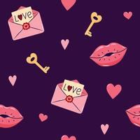 Valentine's Day Seamless pattern with envelopes and Kissing lips. Cute background for textiles and packaging. On dark background. illustration. vector