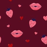 Valentine's Day Seamless pattern with strawberry and Kissing lips. Cute background for textiles and packaging. On burgundy background. illustration. vector