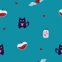 Valentine's Day Seamless pattern with cats and Heart shaped flask. Cute background for textiles and packaging. On turquoise background. illustration. vector