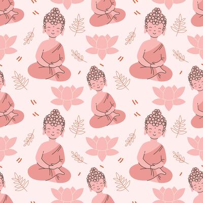 Cute little Buddha in lotus pose seamless pattern