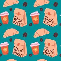 Seamless pattern with croissant and coffee vector