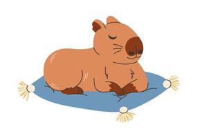 Cute funny capybara lying on cushion. Happy capy asleep. Lazy capibara animal relaxing, chilling, sleeping. Flat illustration isolated on white background. vector