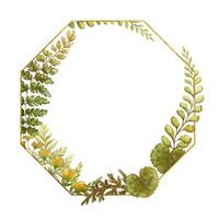 Octagonal frame with fern leaves botanical card template in earth tone. Hand drawn watercolor floral element with thin gold. Perfect for the use of ecological material and modern designs. vector