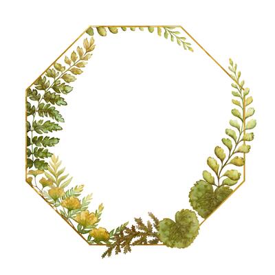 Octagonal frame with fern leaves botanical card template in earth tone. Hand drawn watercolor floral element with thin gold. Perfect for the use of ecological material and modern designs.