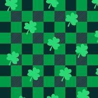Green plaid pattern with shamrocks, perfect for St Patricks Day designs and festive decorations. Irish themed checkered background with clovers, ideal for textile, wrapping paper. illustration vector