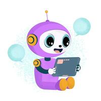 Chat bot robot assistant with tablet responds to messages. Virtual smart assistant Bot icon character in cartoon style. Artificial intelligence Technology and engineering concept. illustration vector