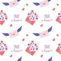 Seamless pattern with paper envelope and flowers heart. True love lettering. Valentine's Day digital paper wallpaper textile fabric repeat background vector
